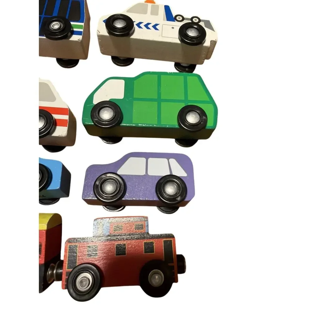 Melissa & Doug Lot of 8 Wooden Train and Emergency Vehicles Fits Brio IKEA Truck